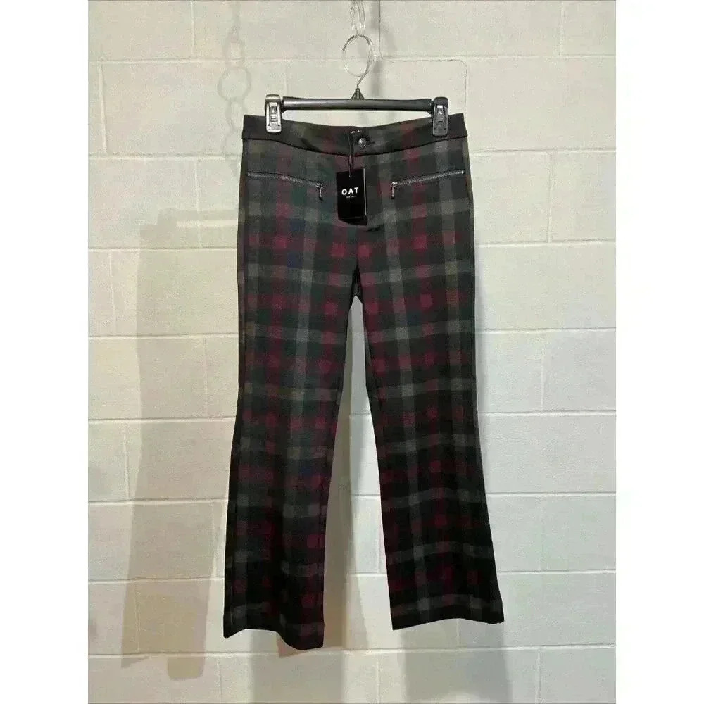 OAT New York Women's Plaid Trouser Pants Grey Maroon Straight Leg‎ Preppy Career